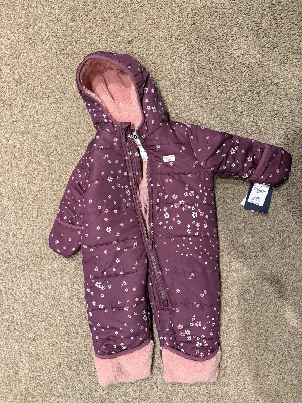OshKosh B'gosh Purple Floral Hooded Puffer One-Piece